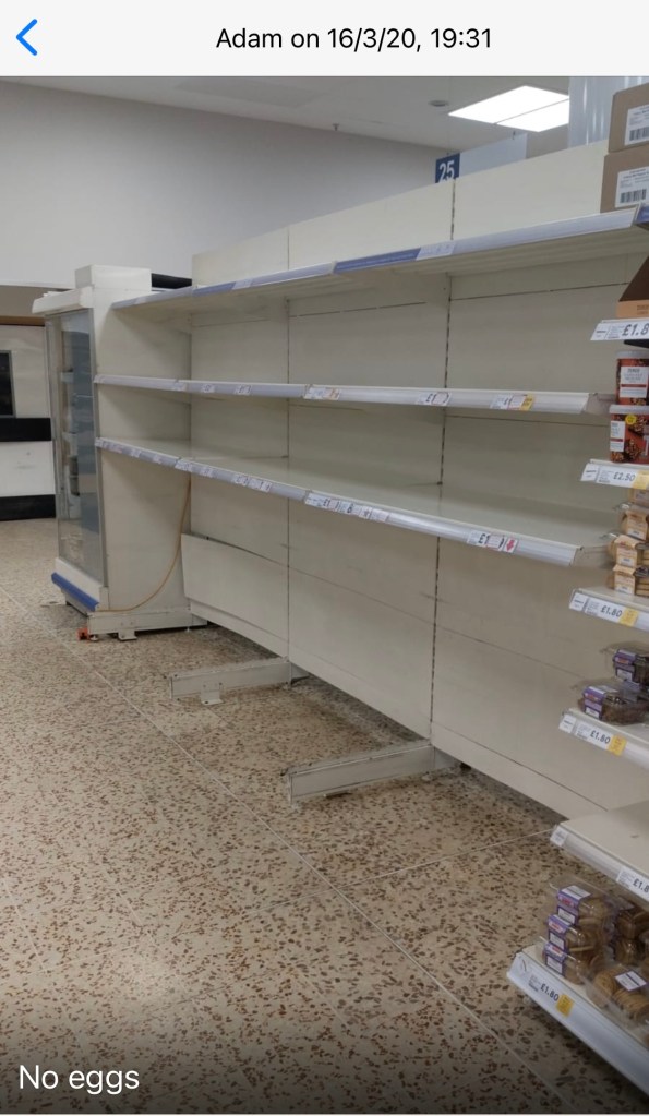 A screenshot of a message sent by "Adam" on 16/2/20 of a photo of empty shelves in Tesco. The accompanying text reads "No eggs".