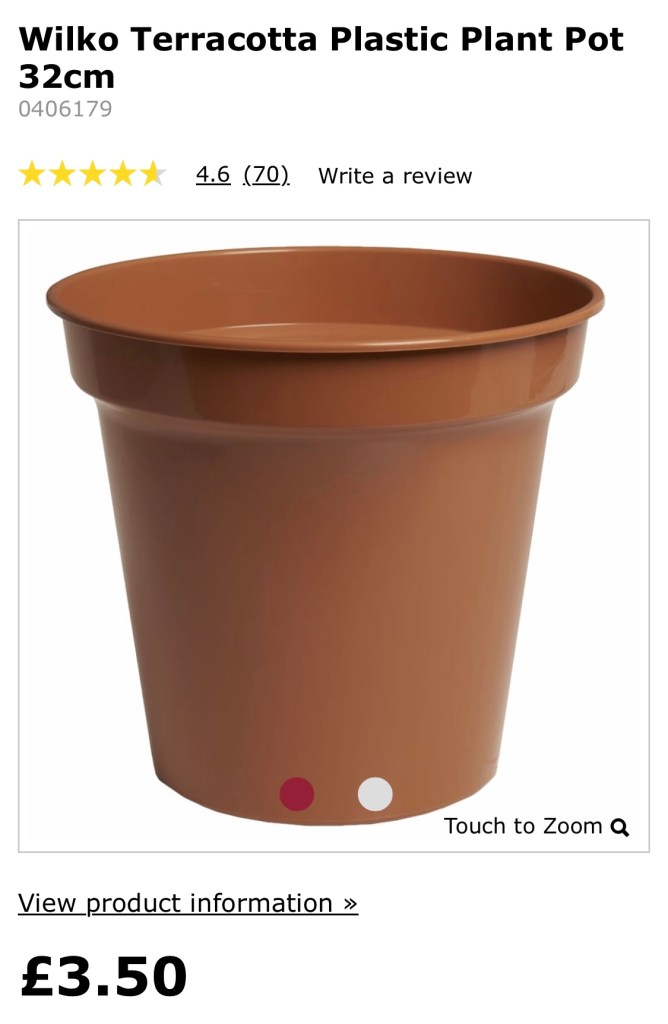 A pic of a 32cm plastic plant pot from the Wilko product website. Product is priced at £3.50