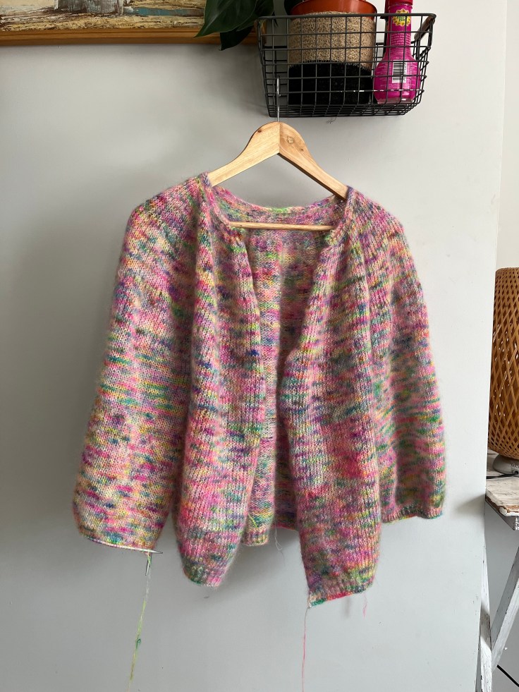 The Novice cardigan knitted from Elizabeth Pawle mohair in 2022