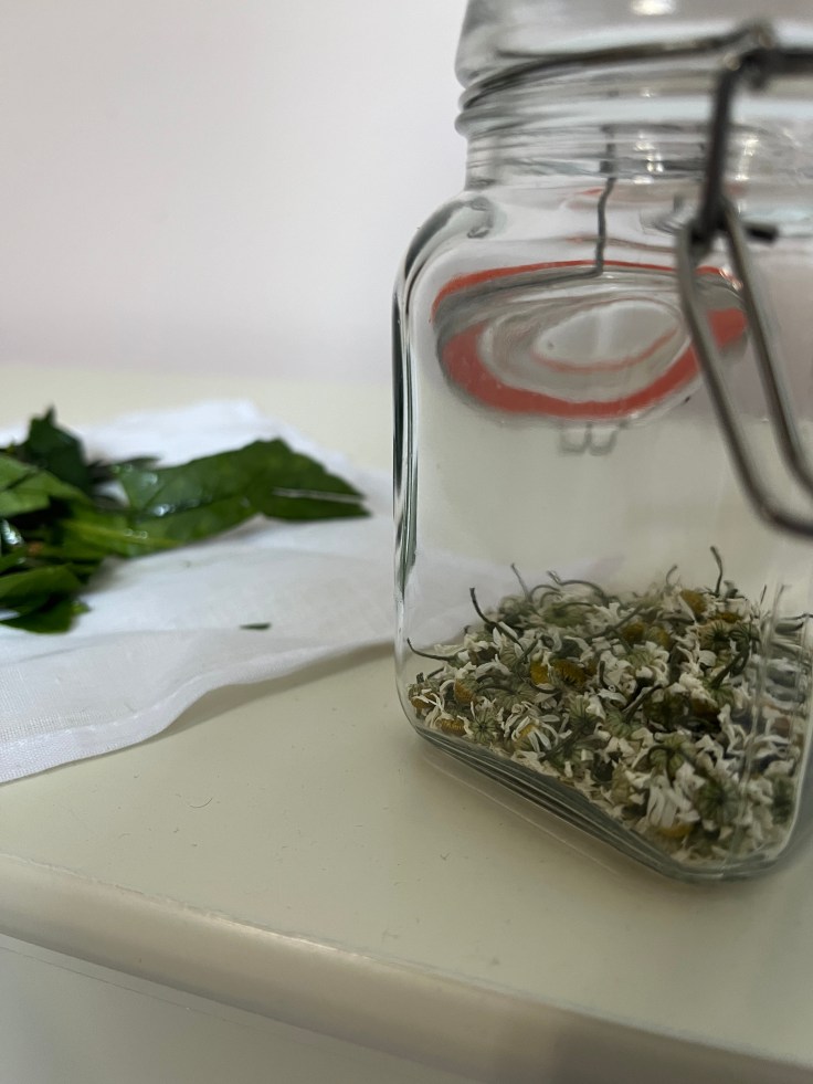 Fresh lime leaves and dried chamomile flowers